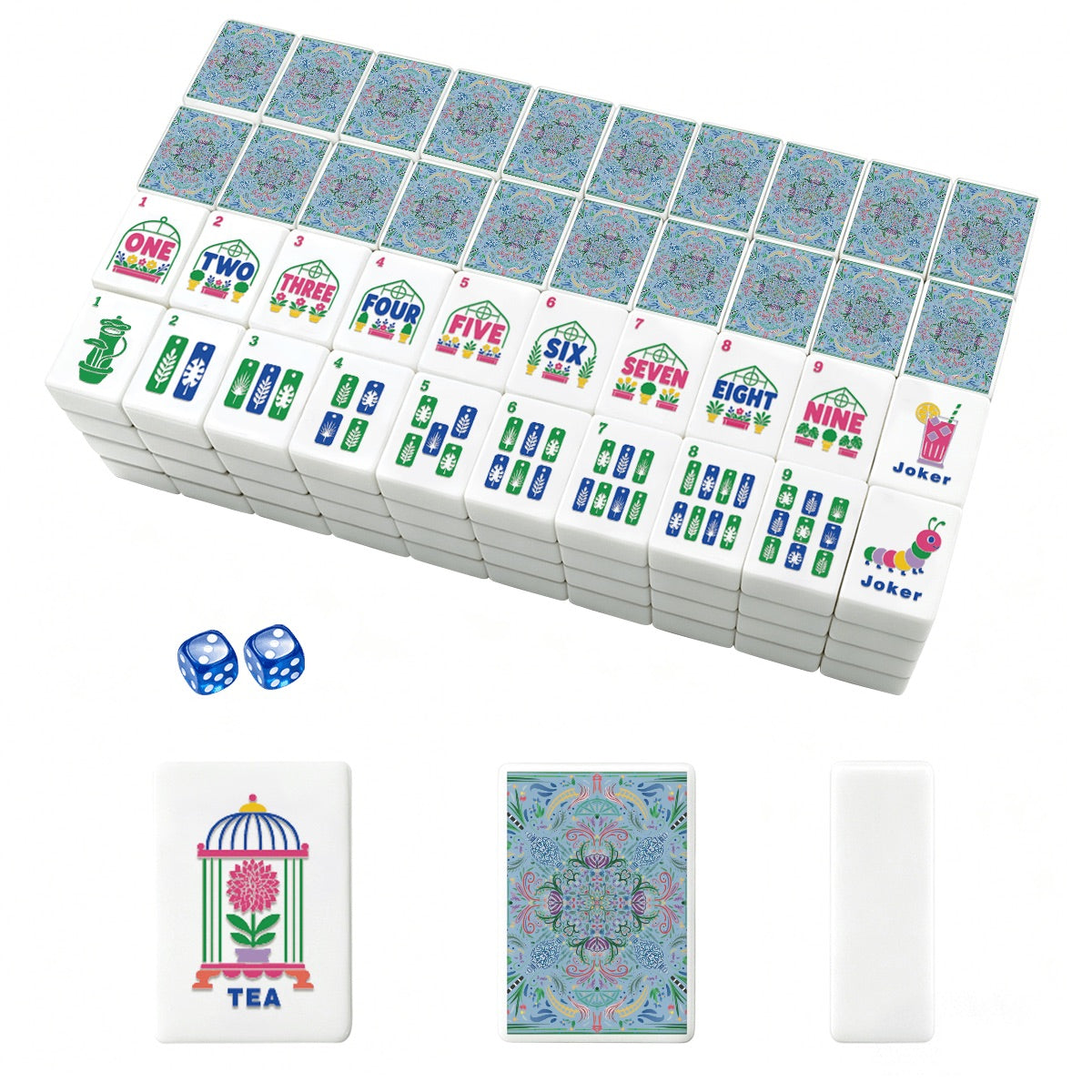 Light blue Mahjong Tiles Set (Floral Garden Style) (Single Layer)