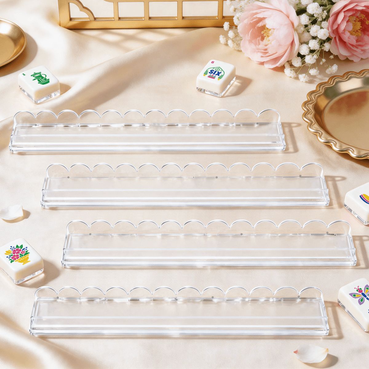 Extended Mahjong Rack Set of 4 Scalloped Magnetic Tile Pusher Choice of Pattern