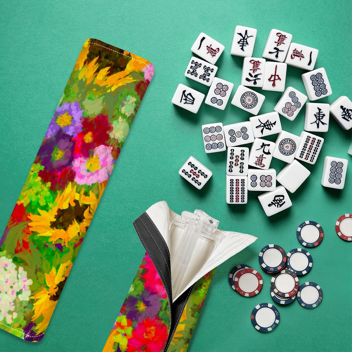 Painted florals with sunflowers 4 Mahjong Tile Pusher Racks with Bag
