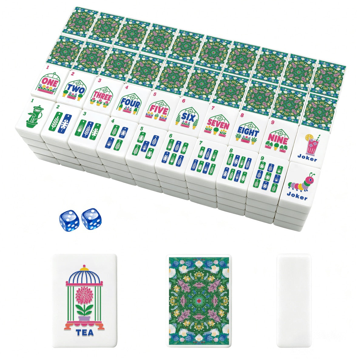 Green Mahjong Tiles Set (Floral Garden Style) (Single Layer)