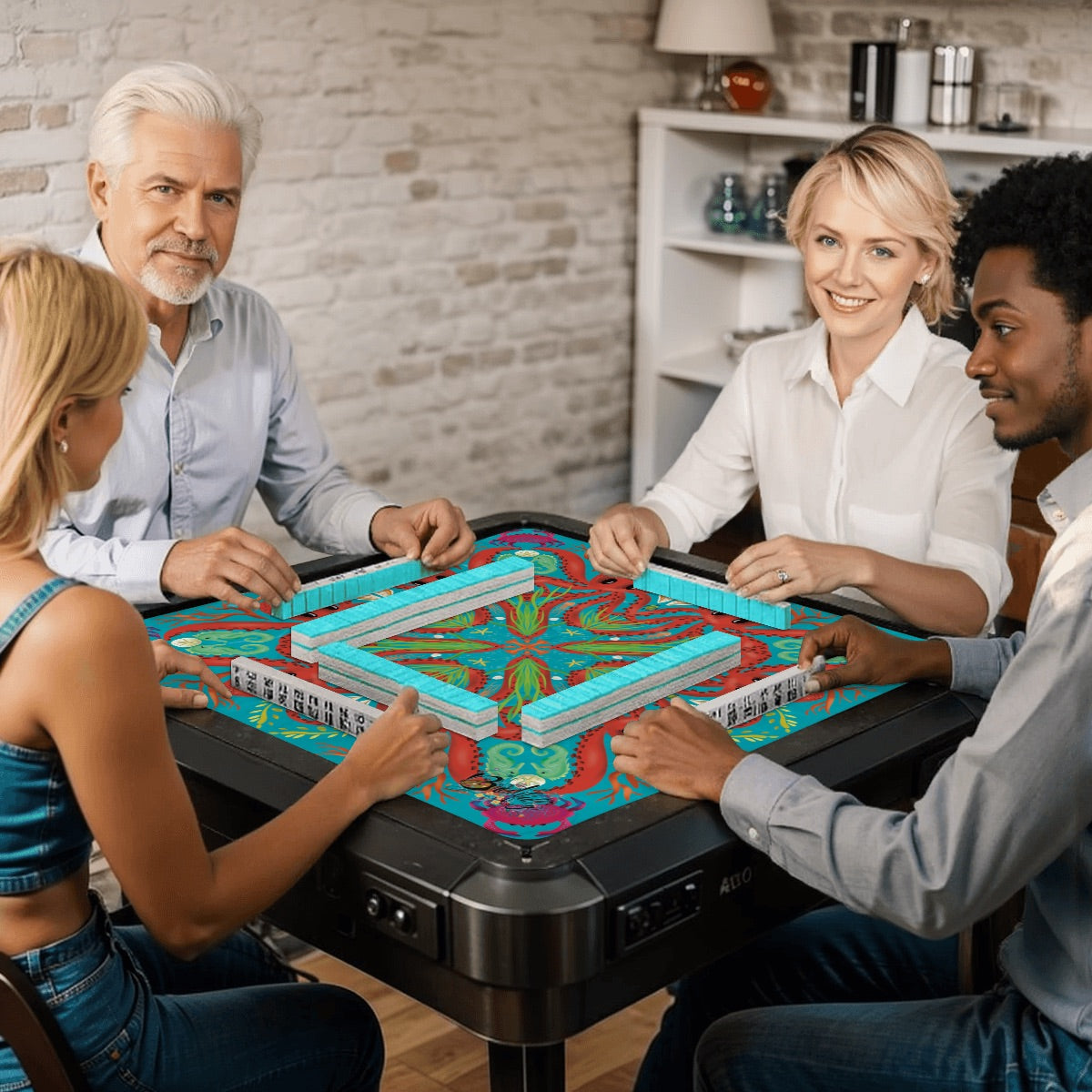 Octopus-Red on Teal Mahjong Mat 31.5"x31.5" (Ship Rolled up)