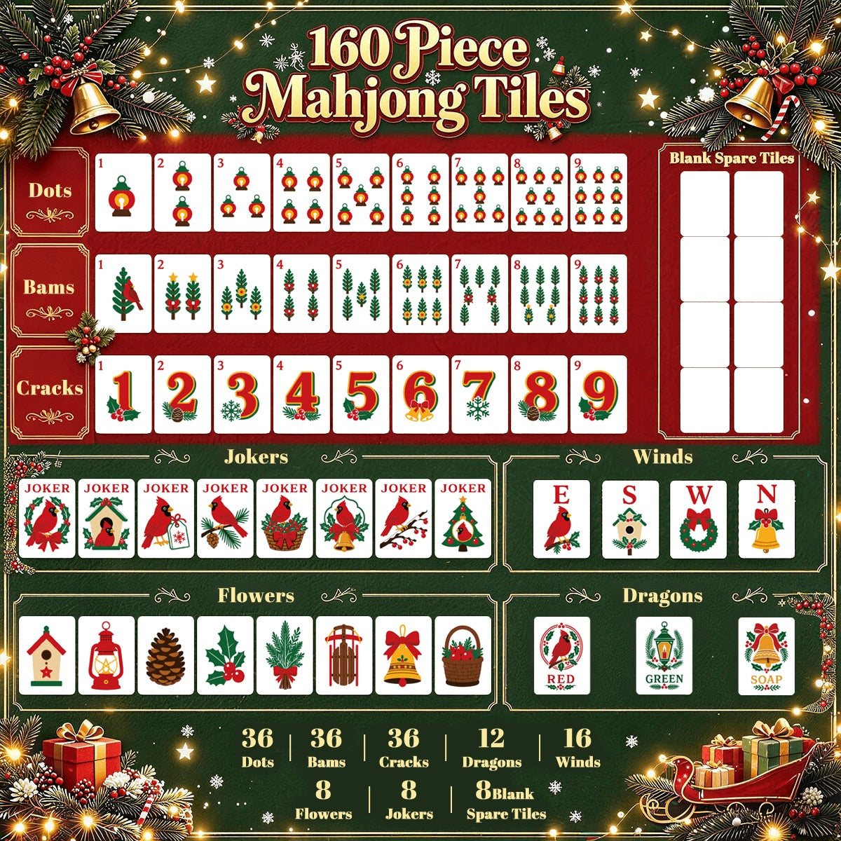 Christmas Cardinal American Mahjong Tiles Traditional Red and Green