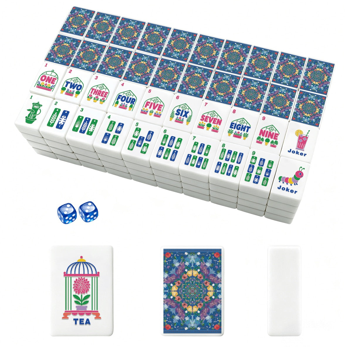Bright blue Mahjong Tiles Set (Floral Garden Style) (Single Layer)