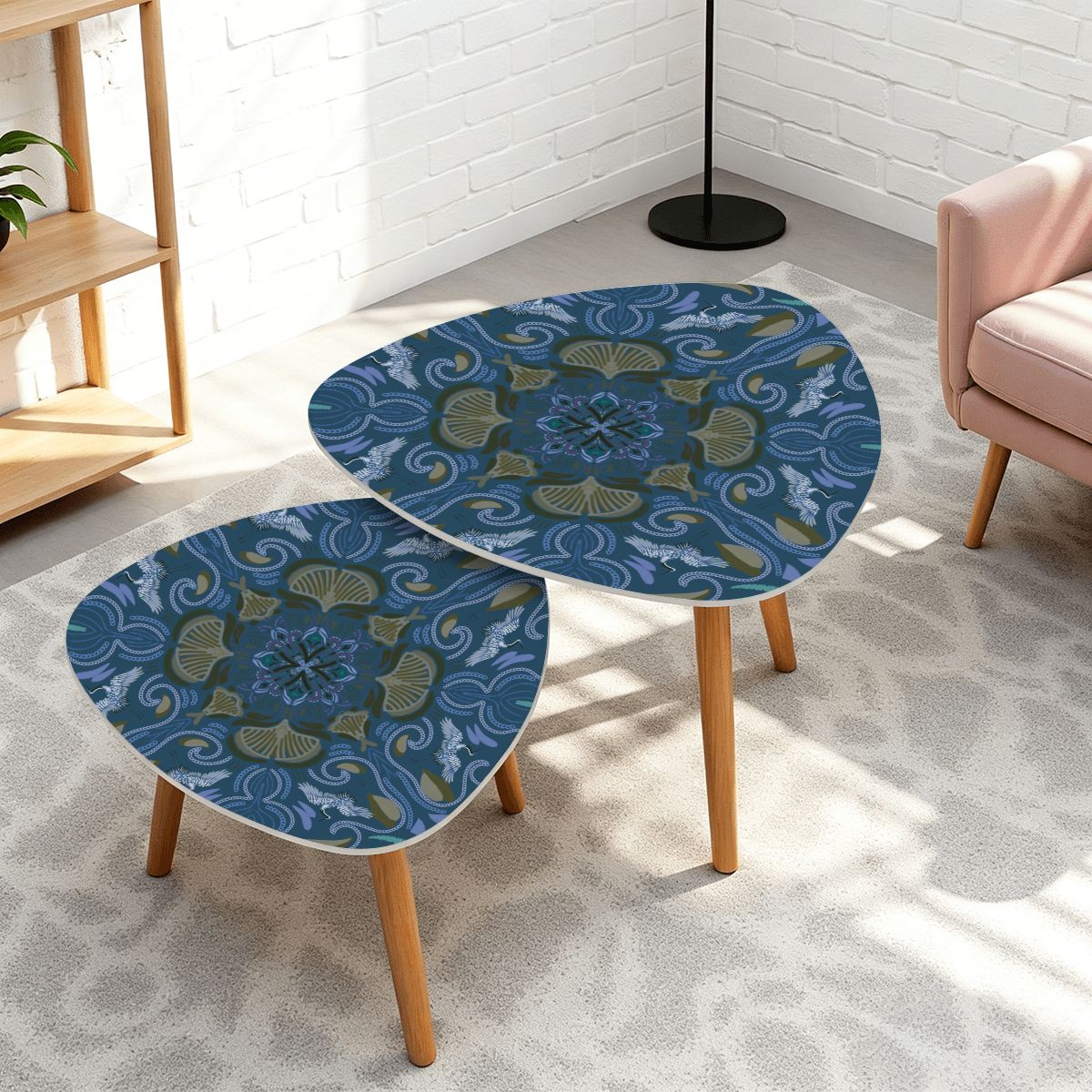 Triangle Coffee Table Set of 2 (Made in USA) Blue Stitched Heron