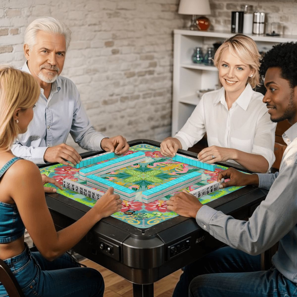 Summer Flamingo on Green Mahjong Mat 31.5"x31.5" (Ship Rolled up)