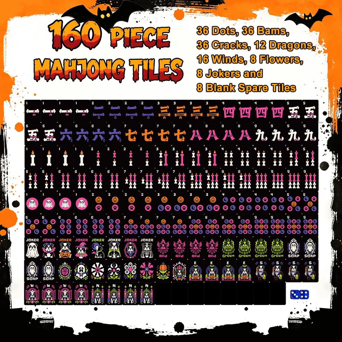 Pumpkin patch - Wicked Bulldog Halloween Mahjong Tiles  Single Layer