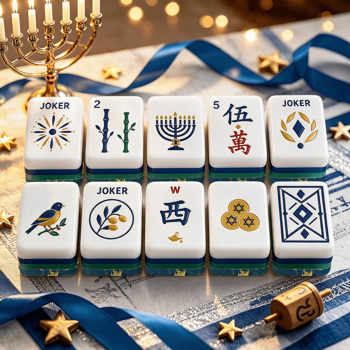 Heritage Hanukkah Mahjong Tiles Geode series  blue gold vein
