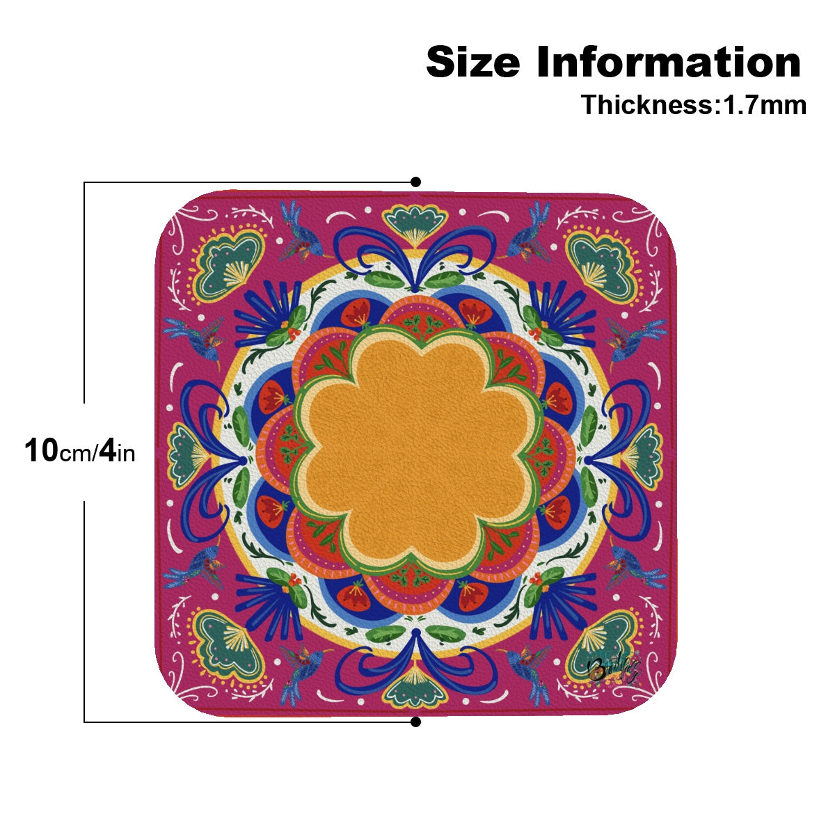 Square Leather Coasters Set of 6- Folk Art  multi colors