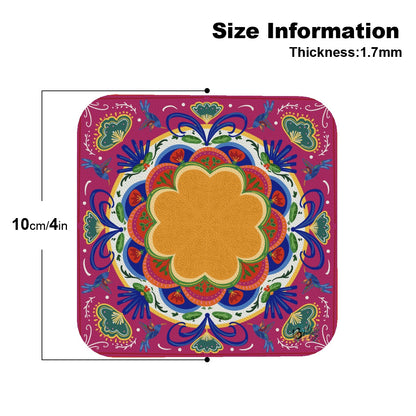 Square Leather Coasters Set of 6- Folk Art  multi colors