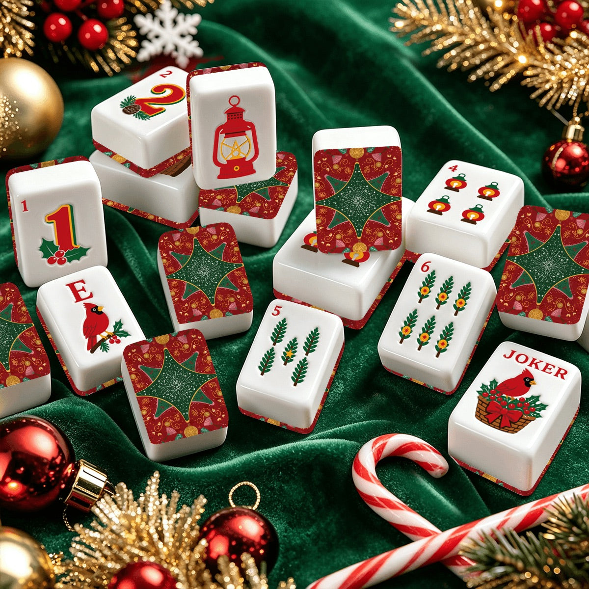 Christmas Cardinal American Mahjong Tiles Traditional Red and Green