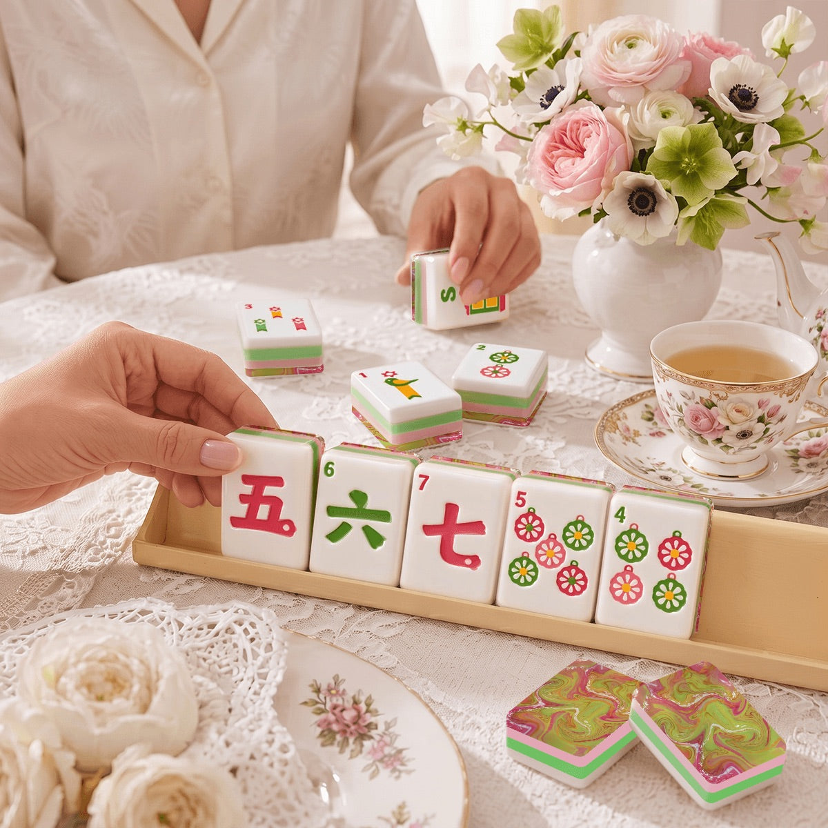 Scandi Folk Art Christmas Mahjong Tiles Pink and Green Swirl