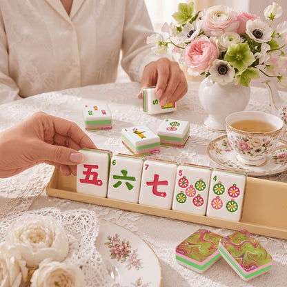 Scandi Folk Art Christmas Mahjong Tiles Pink and Green Swirl