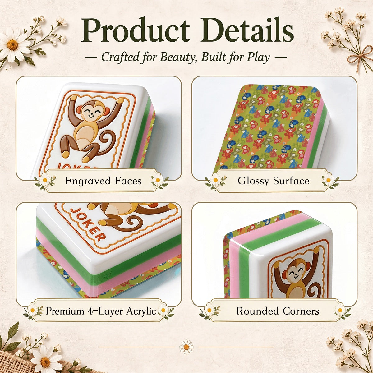 Modern Folk American Mahjong Tiles  4Layer Acrylic in multiple designs