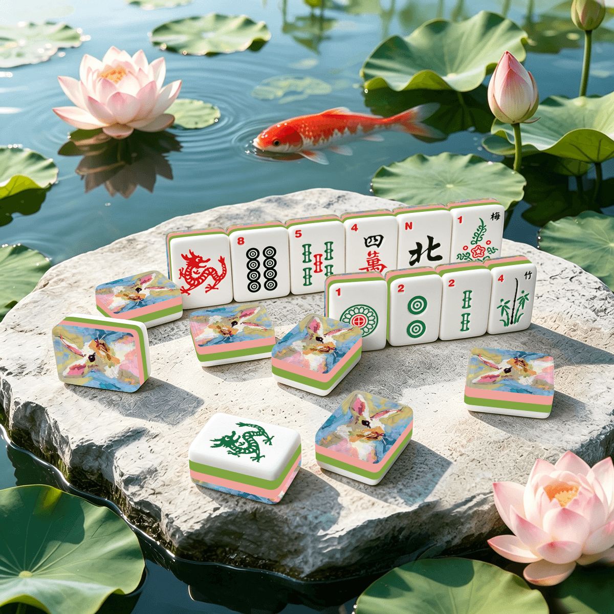4 layer American Mahjong Tiles Set Painted Bunny
