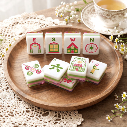 Scandi Folk Art Christmas Mahjong Tiles Pink and Green Swirl