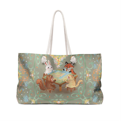 Sage Grey Woodland Game Night Weekender Bag — Cute Rabbit, Fox & Squirrel Mahjong Game Tote