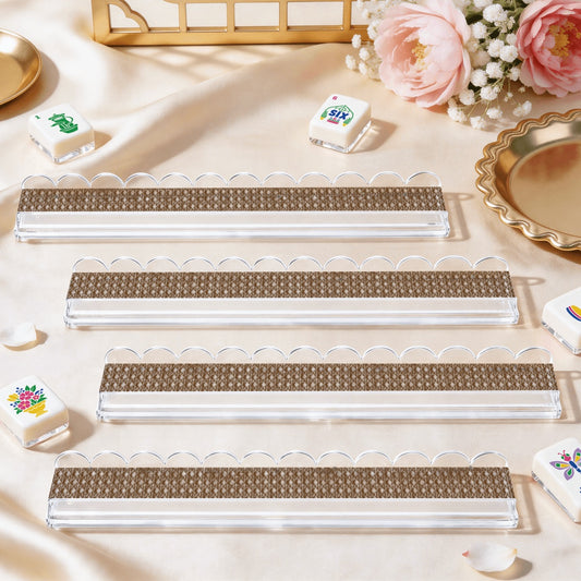 Extended Mahjong Rack Set of 4  Scalloped Magnetic Tile Pusher Brown Rattan