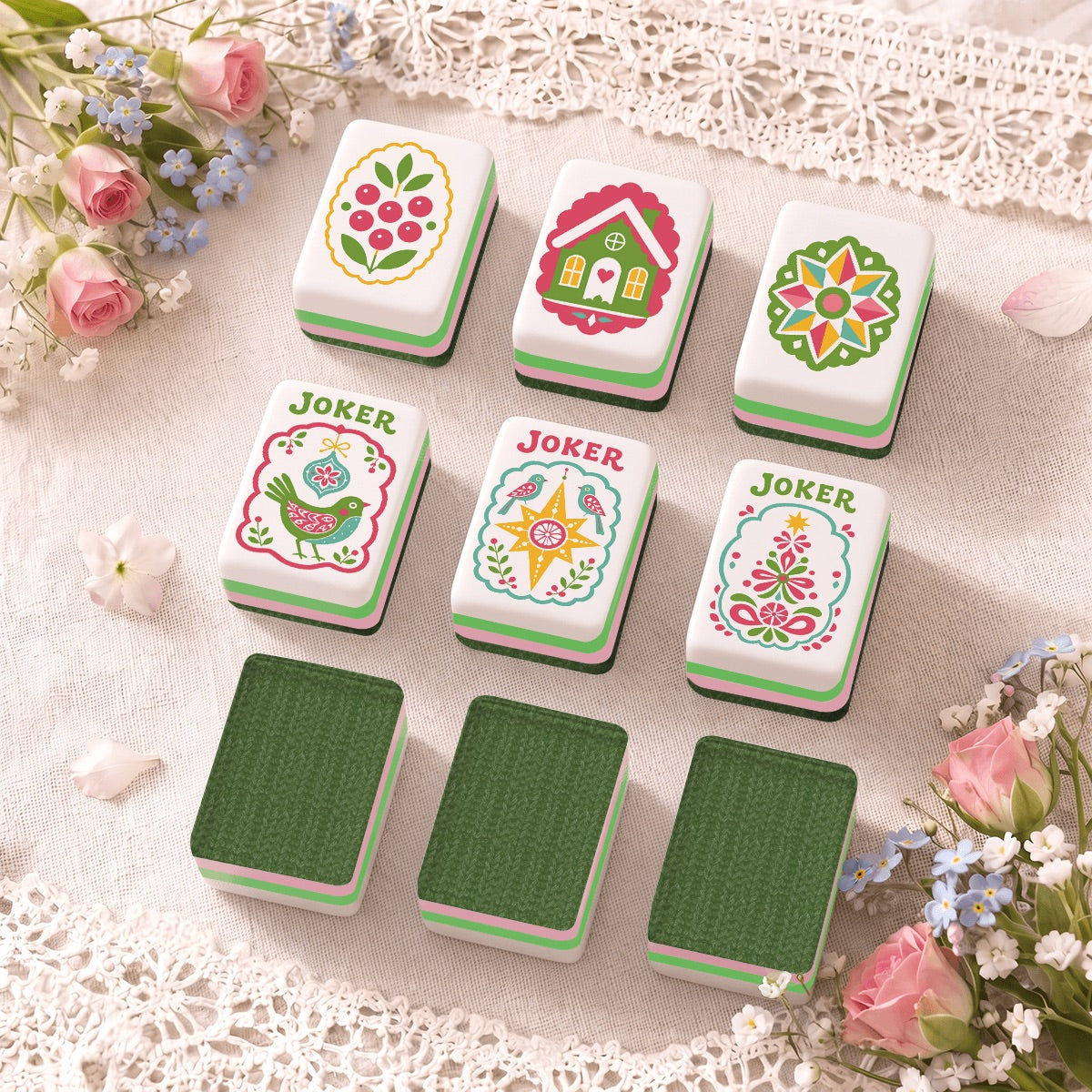 Scandi Folk Art Christmas Mahjong Tiles Green Sweater
