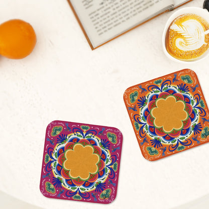 Square Leather Coasters Set of 6- Folk Art  multi colors