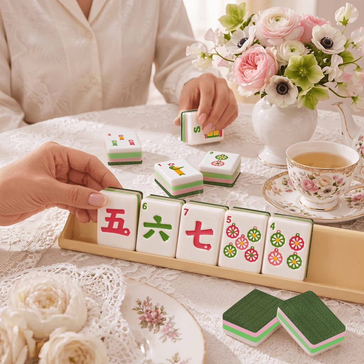 Scandi Folk Art Christmas Mahjong Tiles Green Sweater