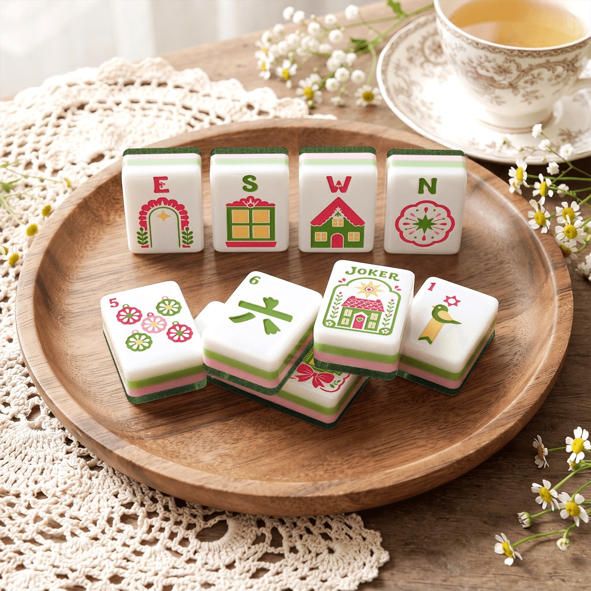 Scandi Folk Art Christmas Mahjong Tiles Green Sweater