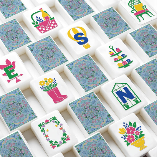 Light blue Mahjong Tiles Set (Floral Garden Style) (Single Layer)