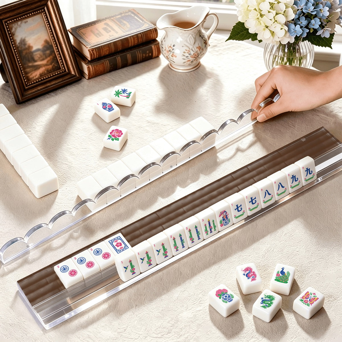 Extended Mahjong Rack Set of 4  Scalloped Magnetic Tile Pusher Bamboo