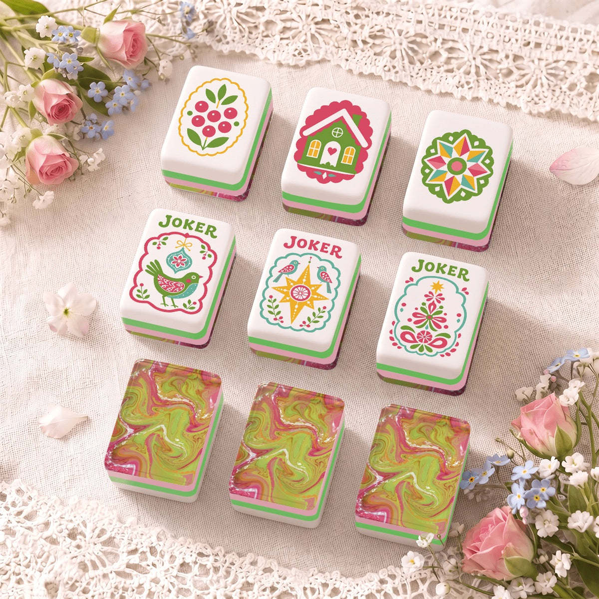 Scandi Folk Art Christmas Mahjong Tiles Pink and Green Swirl